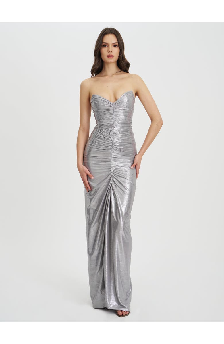 Miss Circle Sable Ruched Glitter Mermaid Gown, Alternate, color, Silver