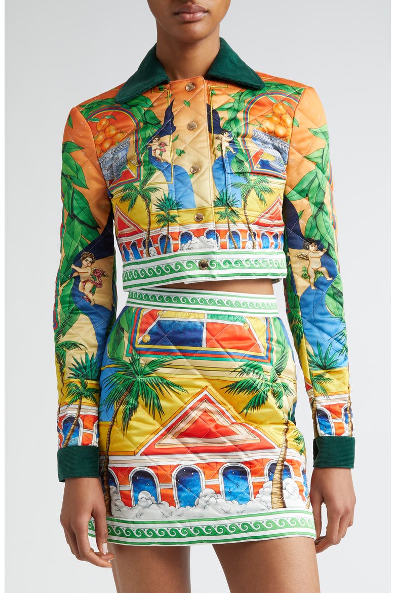 Quilted Triomphe D'Orange Print Crop Jacket, Main, color, TRIOMPHE DORANGE