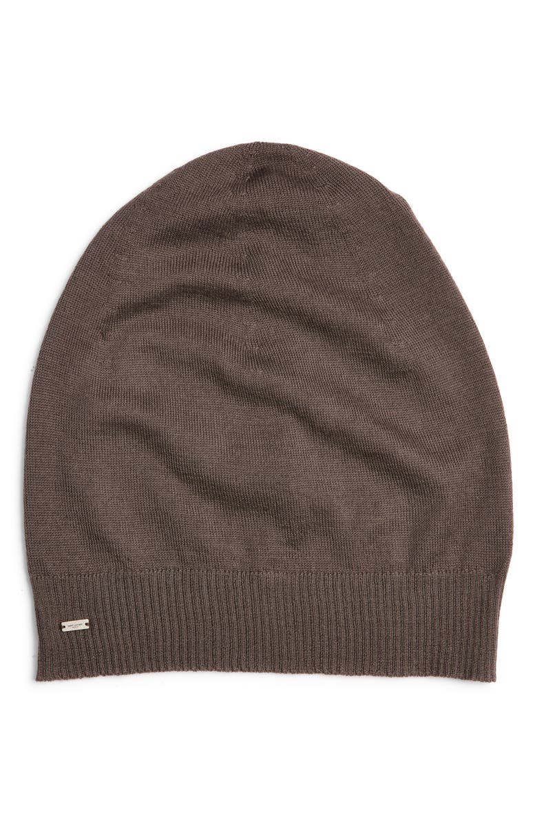 Saint Laurent Cashmere Logo Beanie, Main, color, Brown