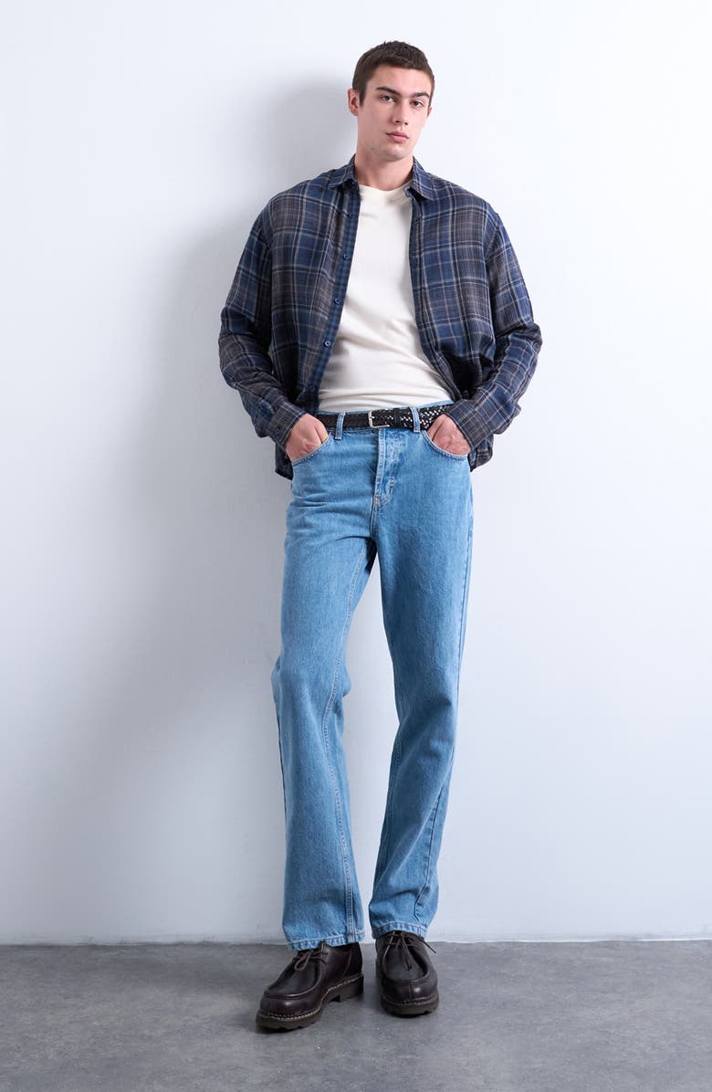 Topman Check Cotton Button-Up Shirt, Alternate, color, Navy