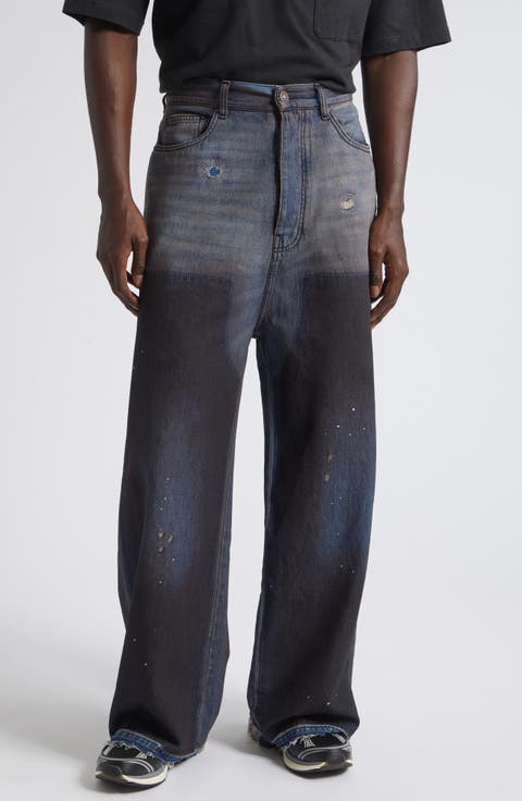 Faded Fray Hem Wide Leg Carpenter Jeans