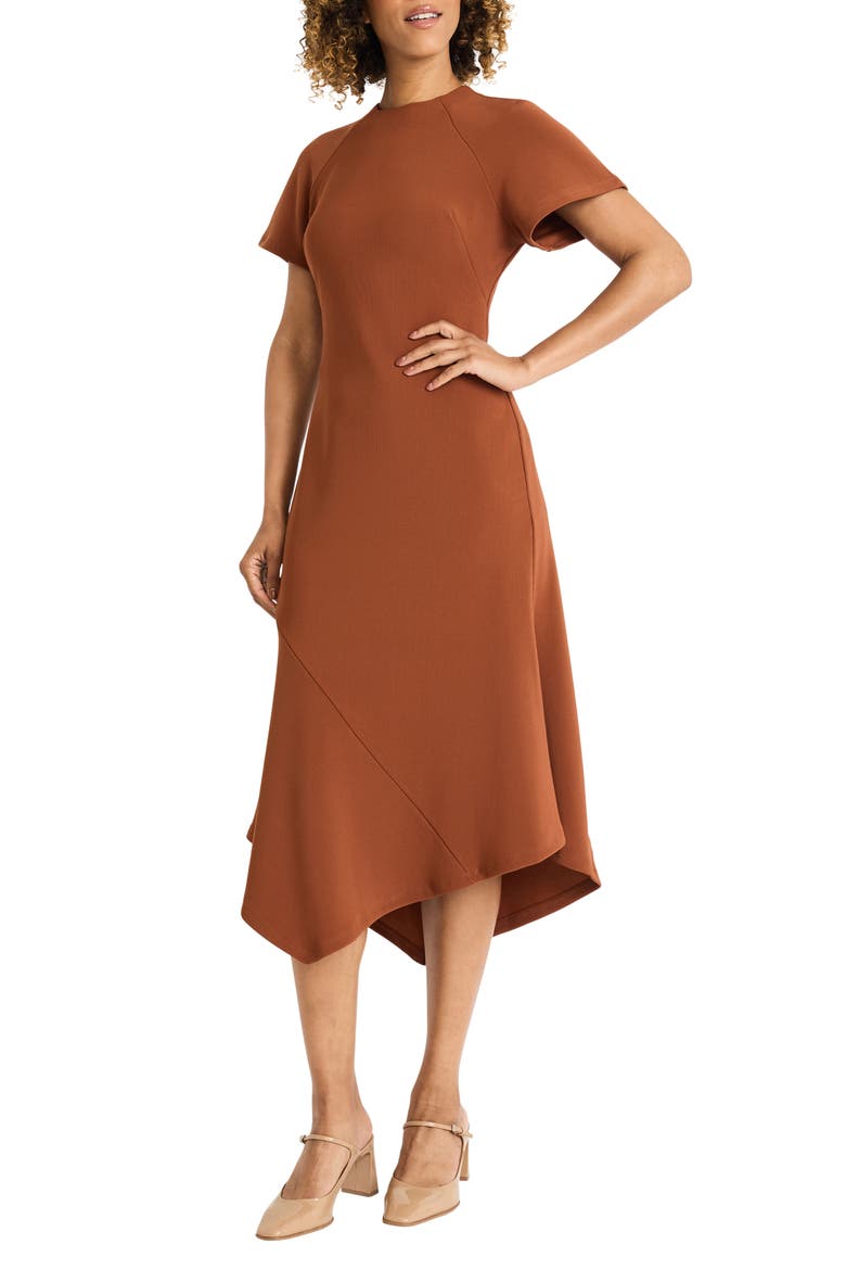 Short Sleeve Asymmetric Hem Midi Dress, Alternate, color, CEDAR