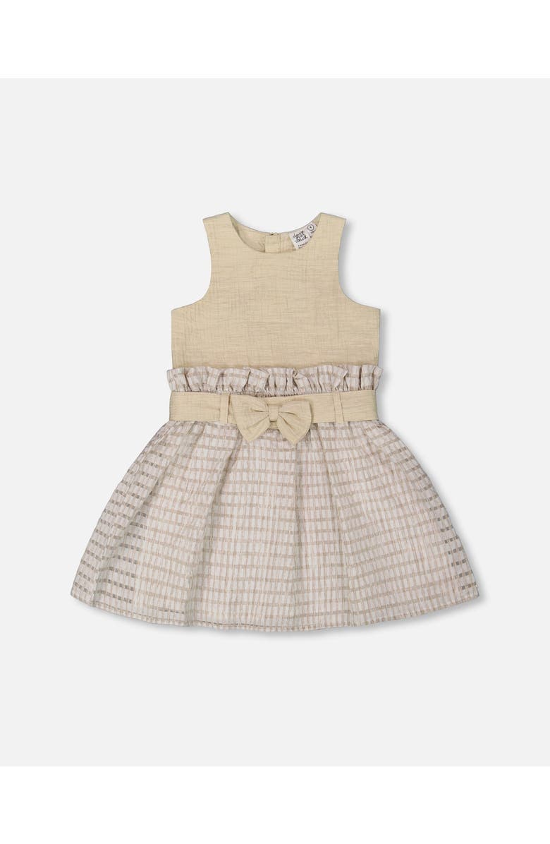 Deux par Deux Girl's Bi-Material Belted Dress Beiges, Main, color, Beige