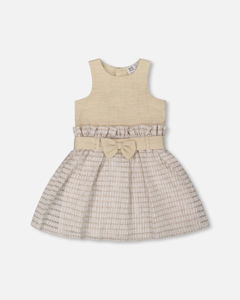 Girl's Bi-Material Belted Dress Beiges