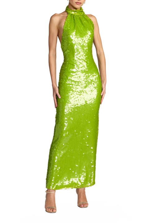 Sleeveless Sequin Halter Cowl Back Ankle Dress