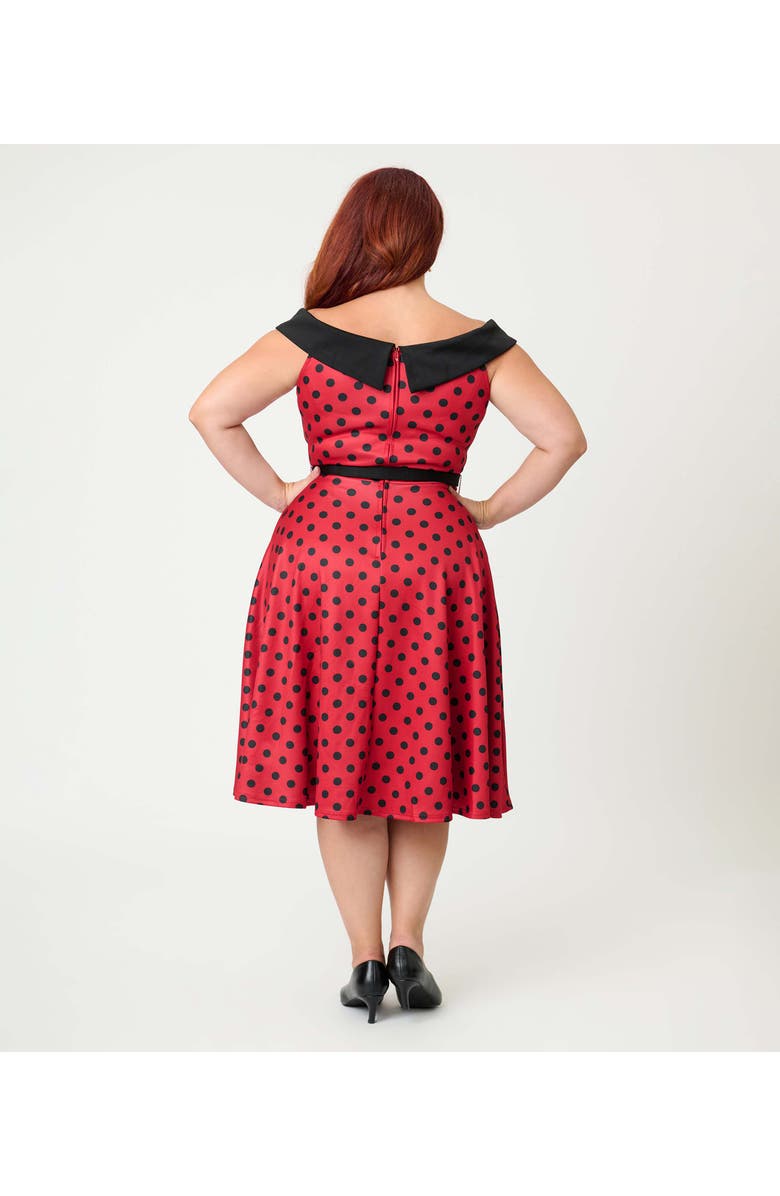 Unique Vintage Plus Size Off the Shoulder Swing Dress, Alternate, color, Red And Black Dots