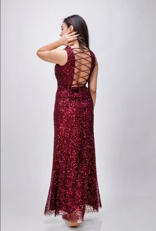 Creea The Label Sequin Embellished Sleeveless Column Gown In Burgundy