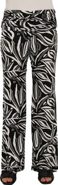 24seven Comfort Apparel Womens Essential Abstract Print Foldover Waist Wide Leg Pants