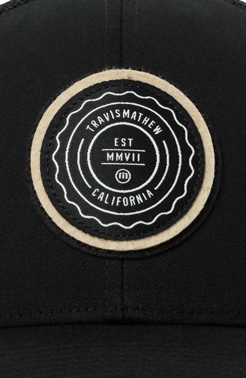 Travismathew The Patch Trucker Hat In Black/tan
