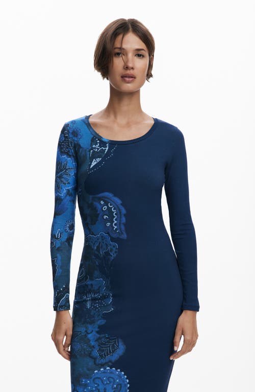 Desigual Floral Print Long Sleeve Midi Dress In Blue