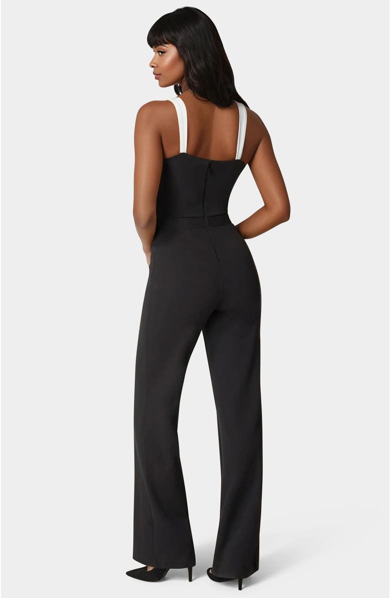 bebe Lace Insert Flared Jumpsuit, Alternate, color, Black/White Alyssum