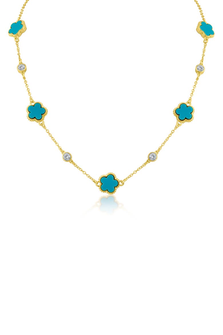 Cubic Zirconia & Clover Station Necklace, Alternate, color, TURQUOISE/ GOLD
