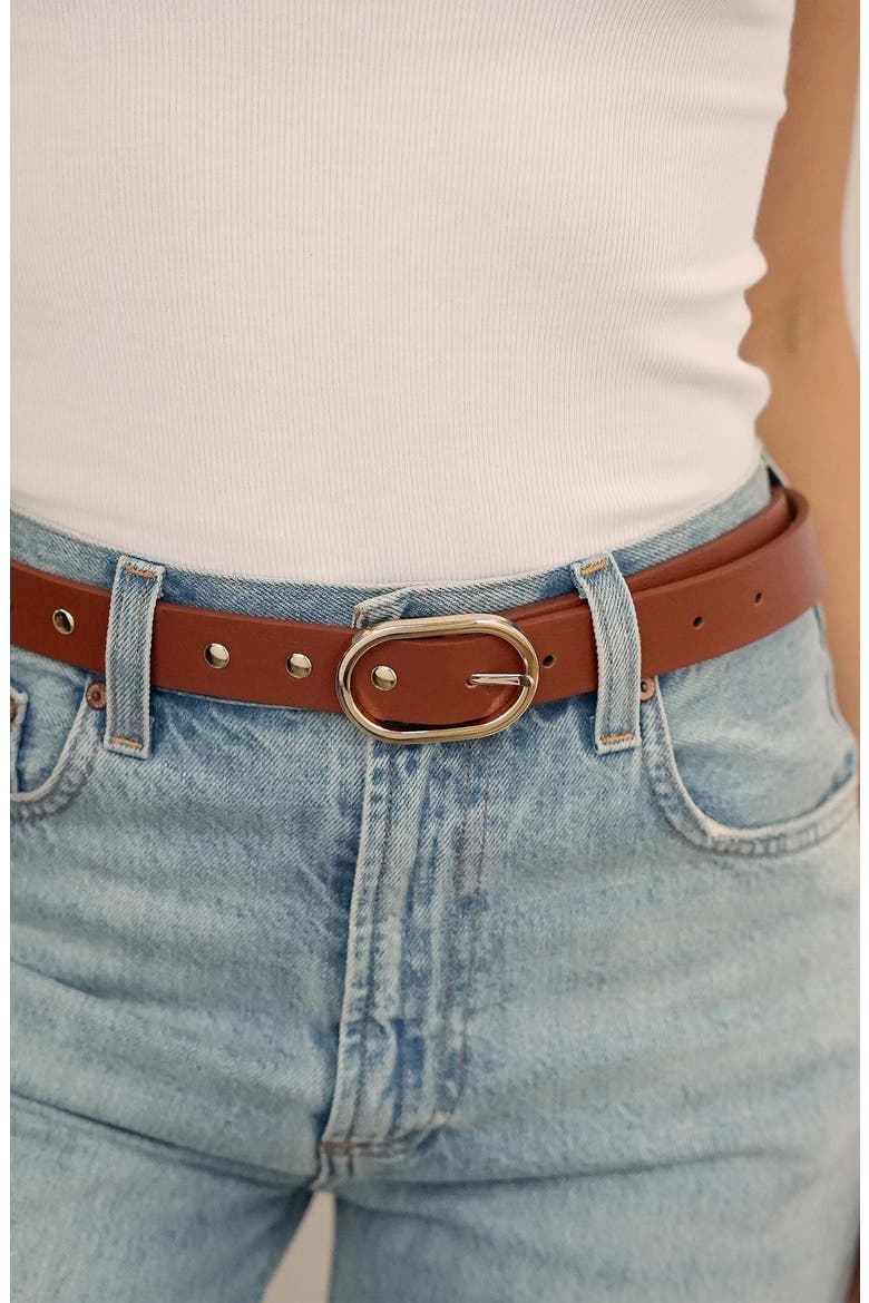 Stud Leather Belt, Alternate, color, COGNAC