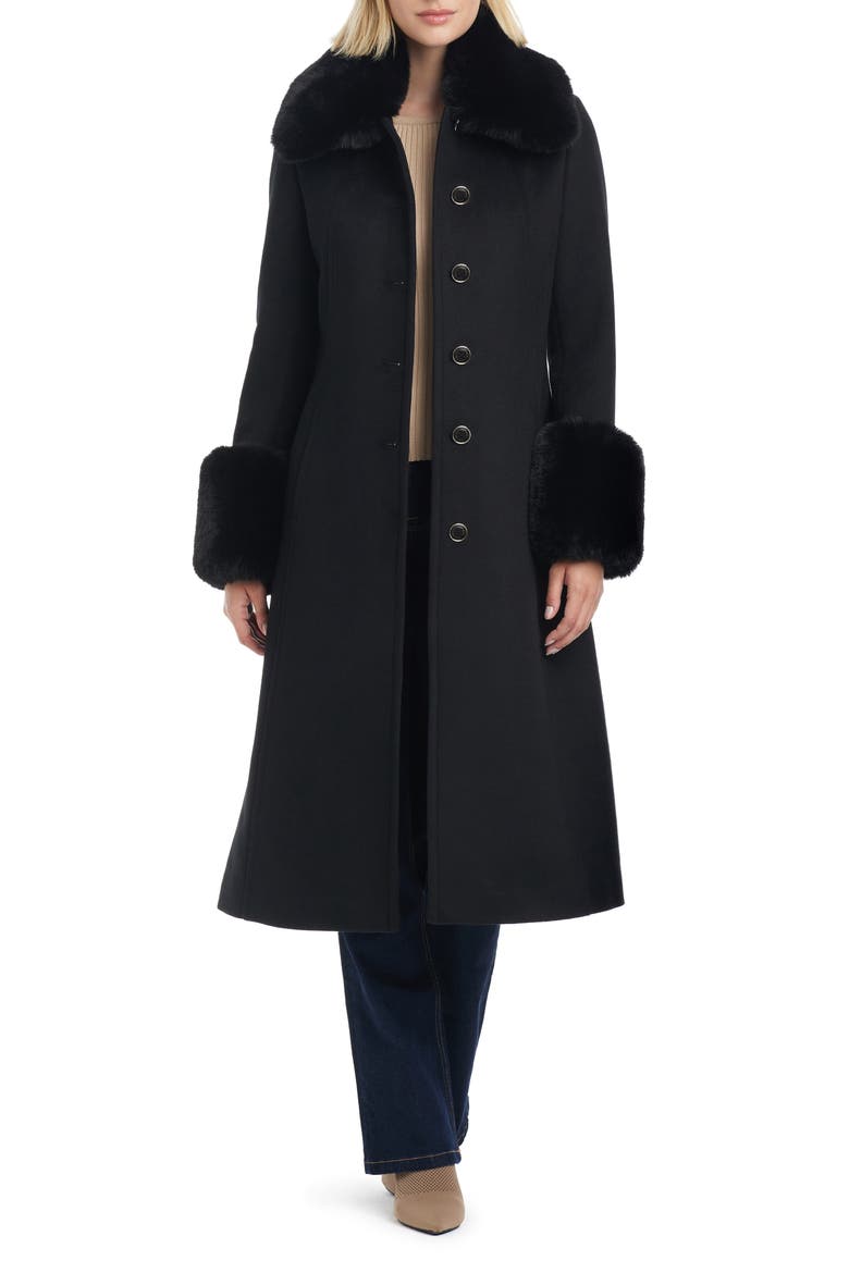 Wool Blend Coat with Removable Faux Fur Collar and Cuffs, Main, color, BLACK