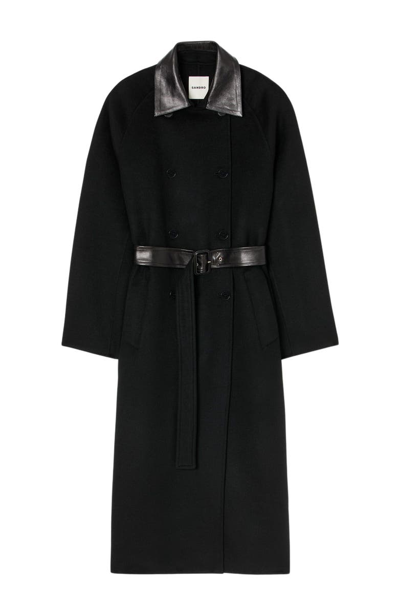 SANDRO Long wool and leather coat, Alternate, color, Black