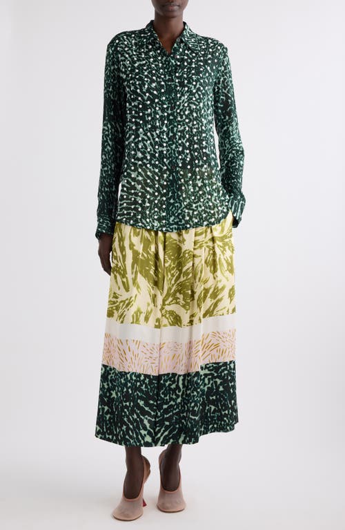 Dries Van Noten Womens Khaki Abstract-print Pleated Woven Maxi Skirt
