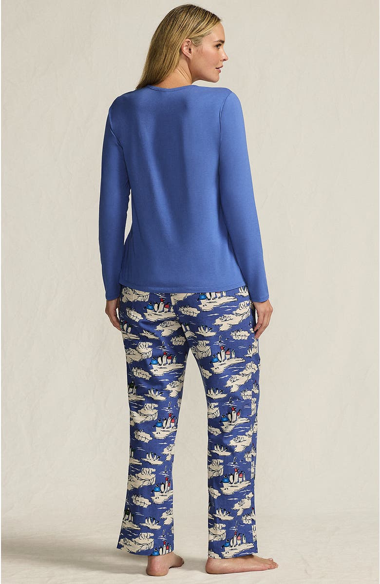 Lands' End Pajama Set Knit Long Sleeve T-Shirt and Flannel Pants, Alternate, color, Cobalt Blue Holiday Penguins