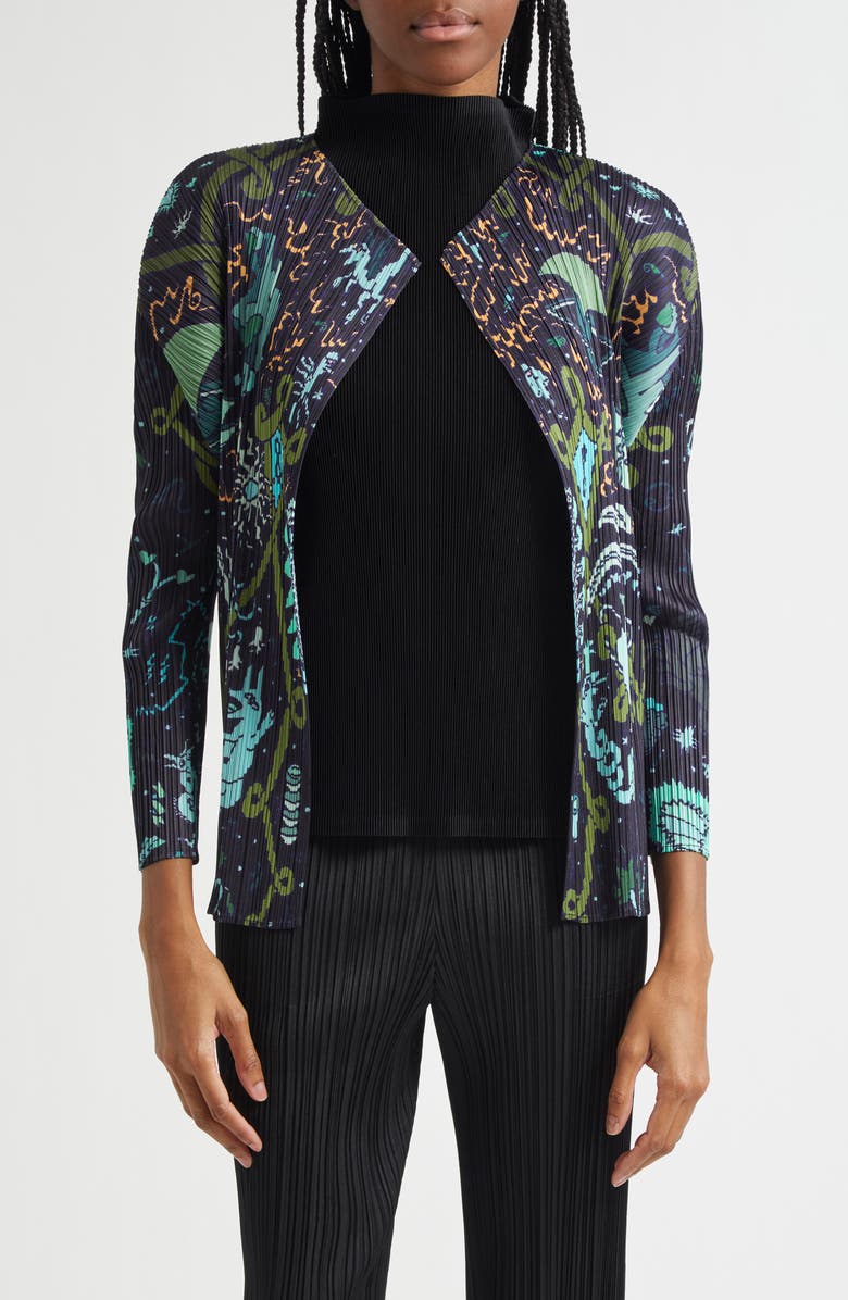 Pleats Please Issey Miyake Interplanetary Print Pleated Open Front Cardigan, Main, color, 