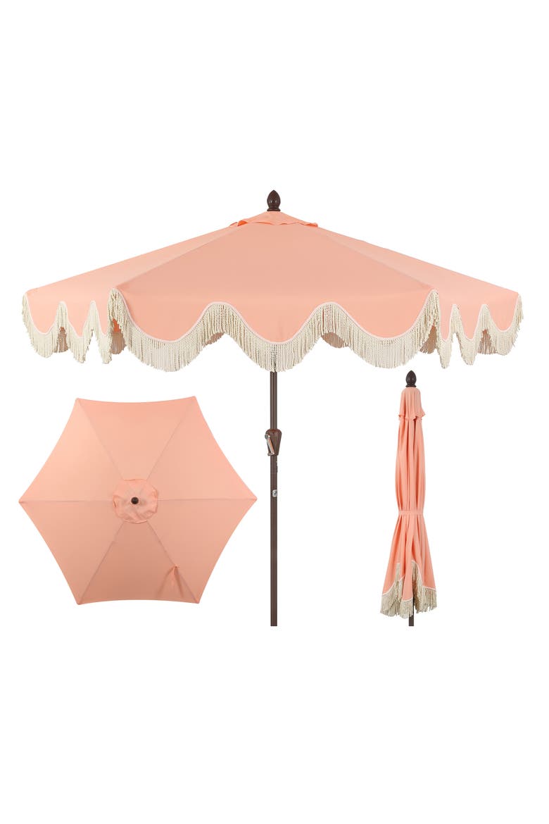 Collins Bohemian Fringe Outdoor Patio Umbrella with Crank Lift and Tilt, Scalloped UV-Resistant Canopy, Aluminum Pole, Main, color, Coral Pink/Cream