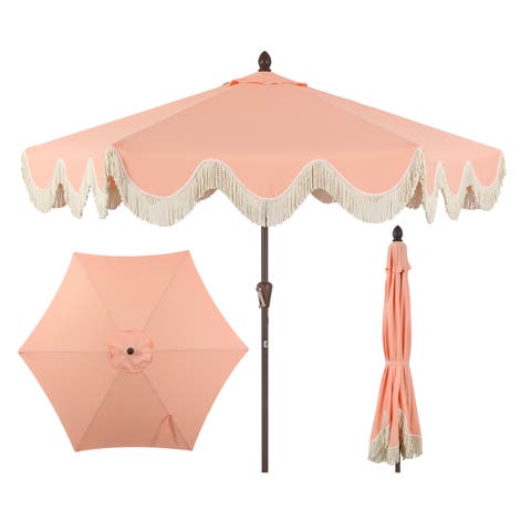 Collins 9 ft. Classic Cottage Fringe Tassel Market Patio Umbrella with Auto-Tilt Crank