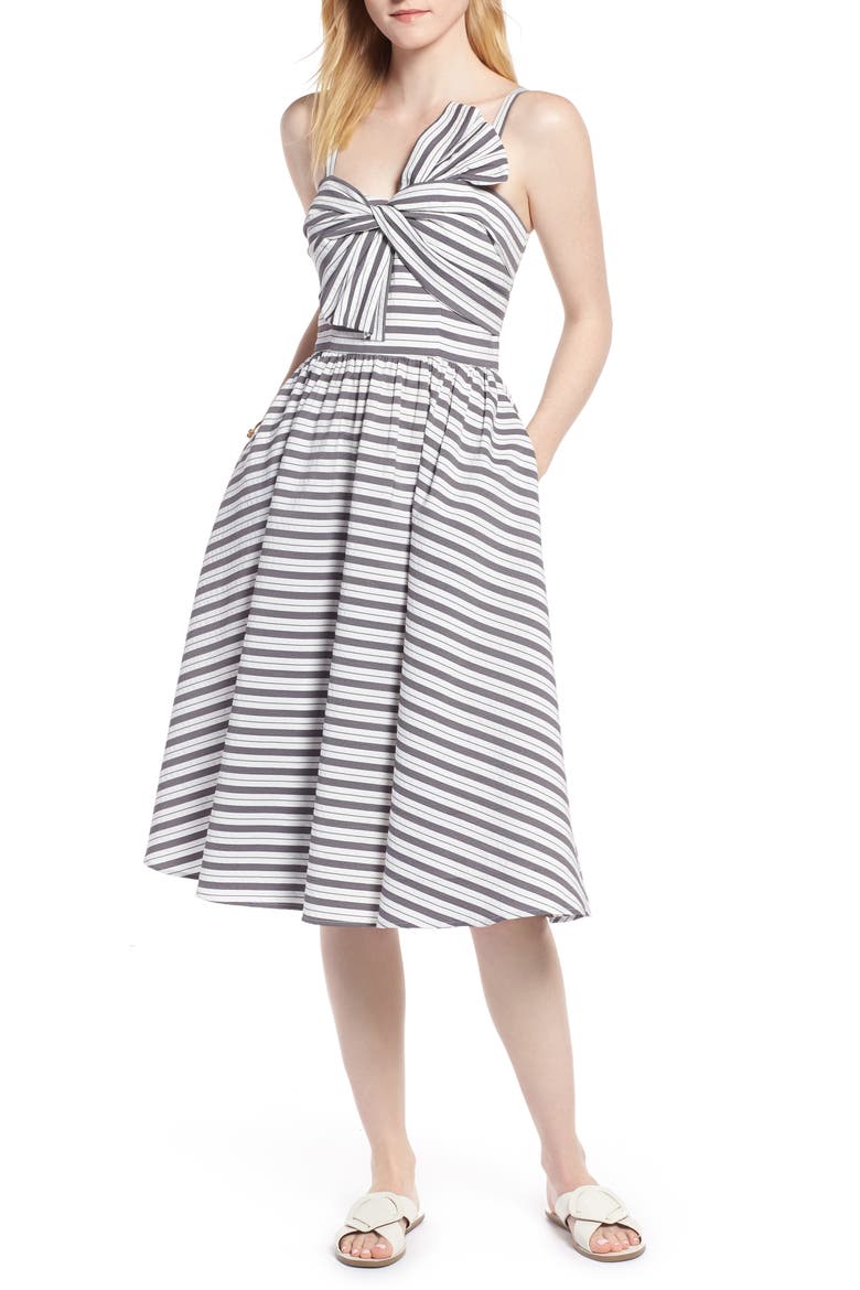 Stripe Bow Front Sundress, Main, color, GREY IVORY STRIPE