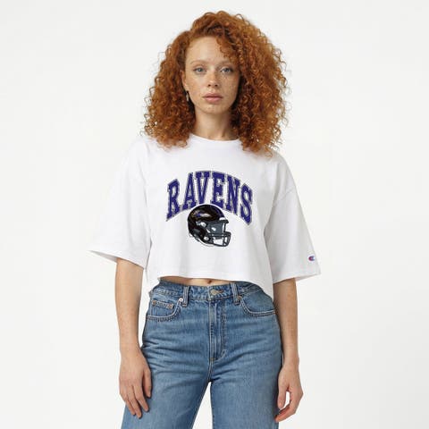 Women's Champion  White Baltimore Ravens Boyfriend Cropped T-Shirt