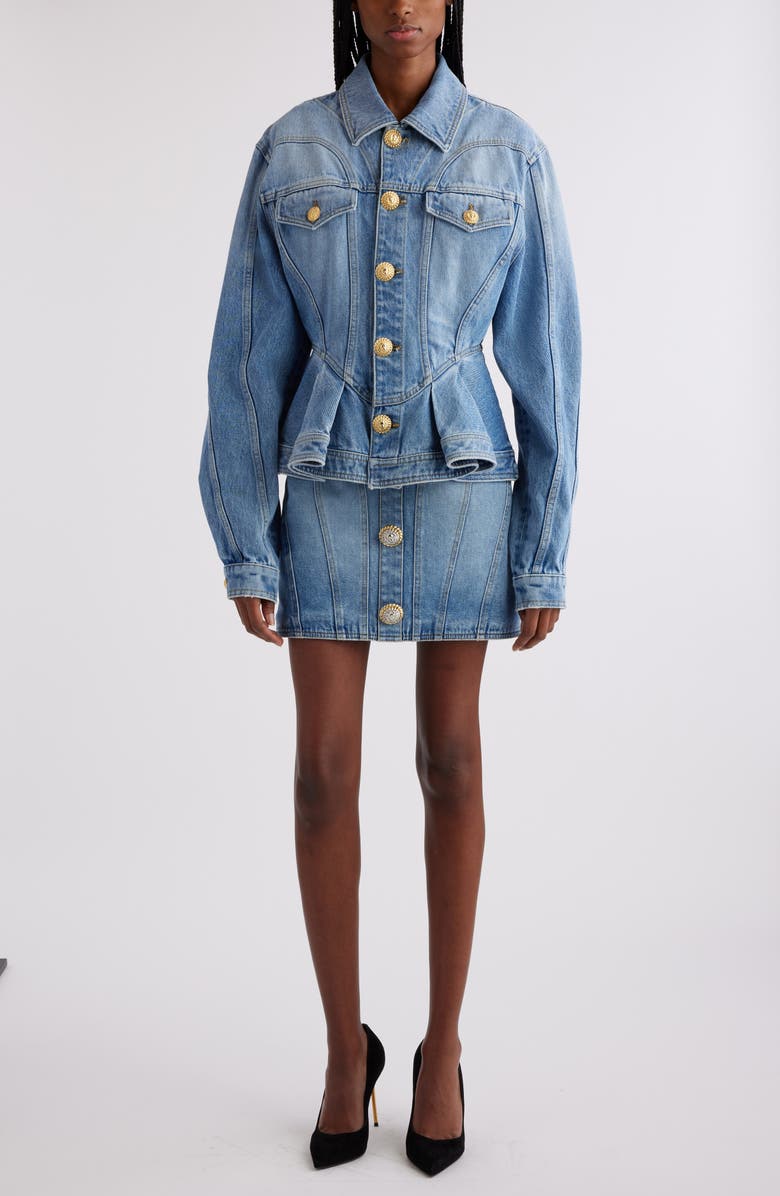 Balmain Peplum Denim Jacket, Alternate, color, 