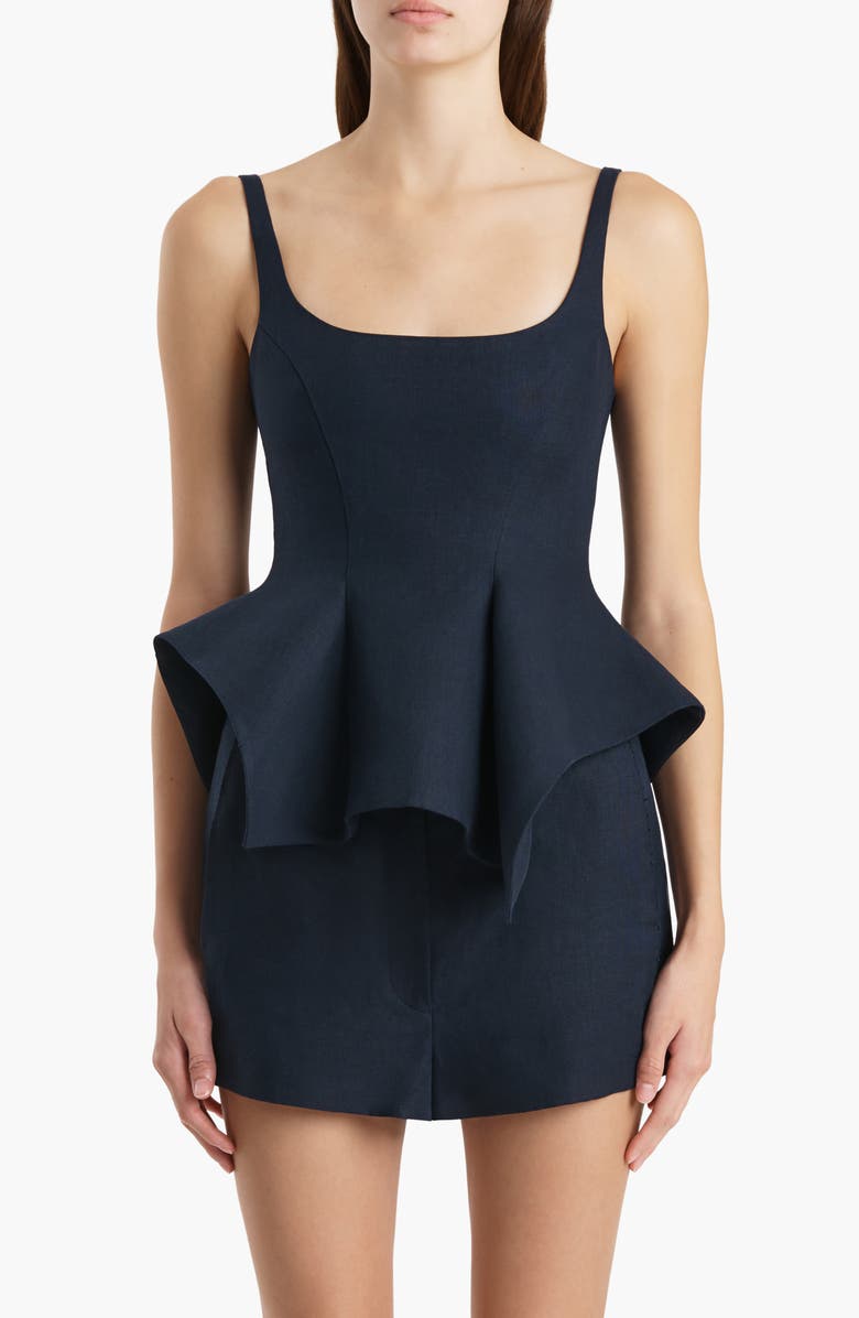 Khaite Loa Linen Peplum Top, Main, color, Dark Navy