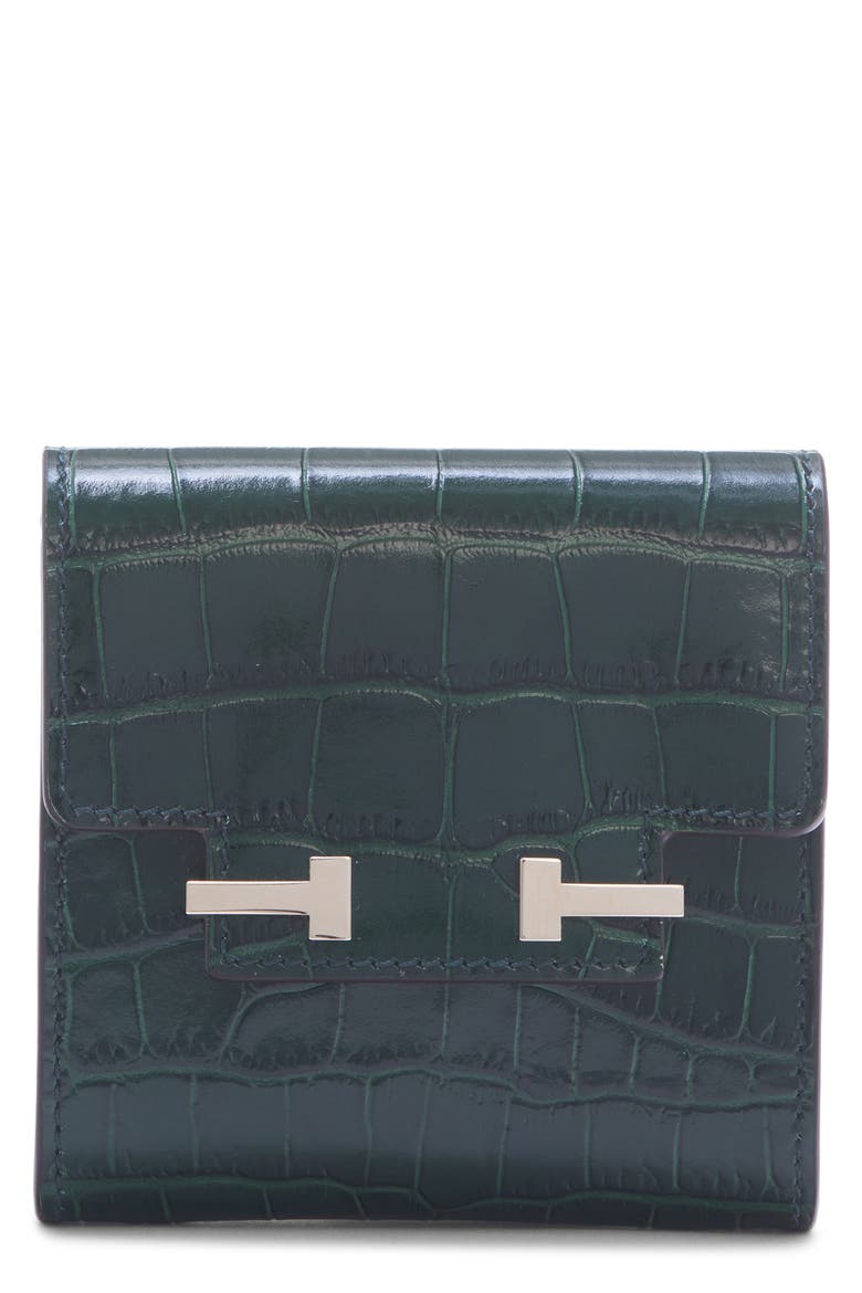 Aube Croc Embossed Leather Flap Card Case, Main, color, EMERALD GREEN