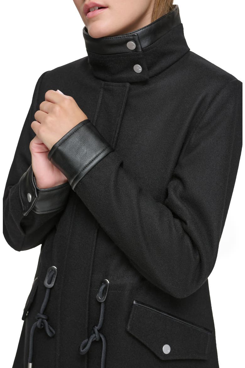 Feather Leather Trim Wool Blend Coat, Alternate, color, BLACK