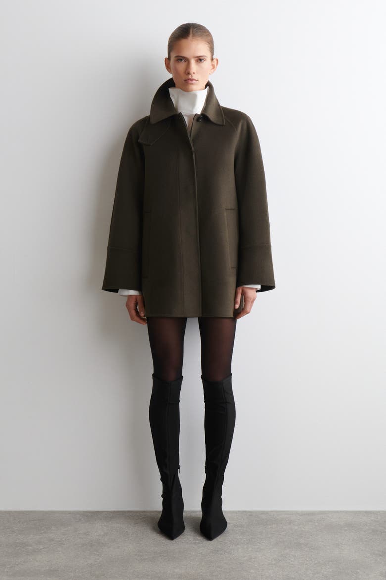 Mock-Neck Double-Faced Wool Short Coat, Alternate, color, BROWN