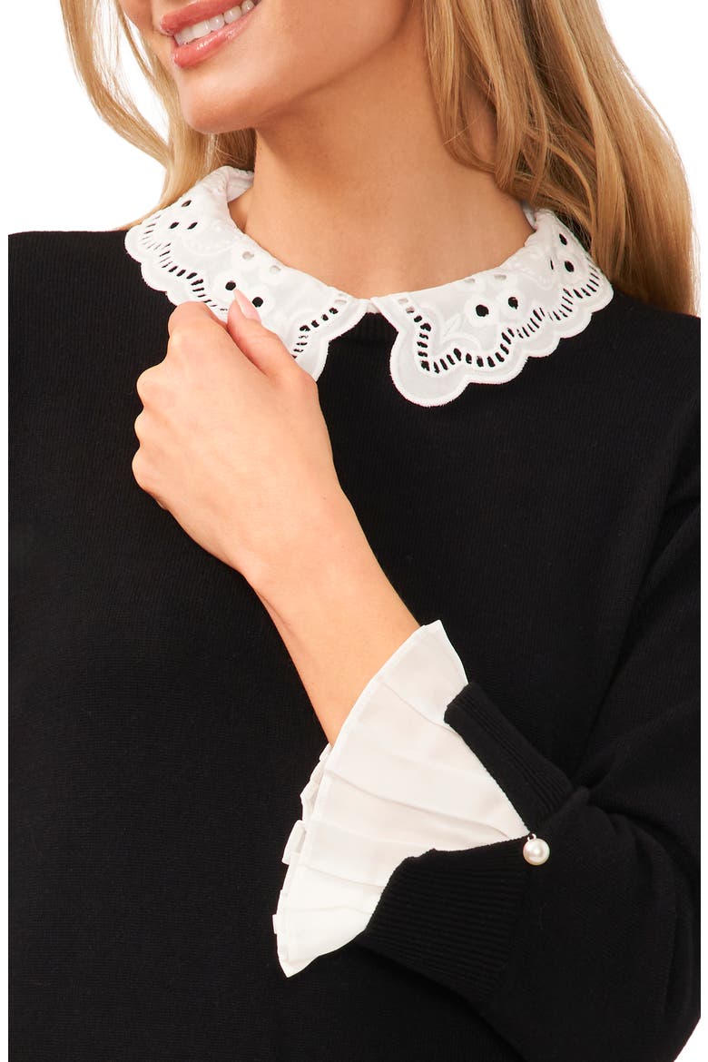 Eyelet Collar Cotton Sweater, Alternate, color, RICH BLACK