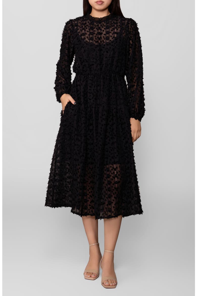 Textured Long Sleeve Midi Dress, Main, color, BLACK