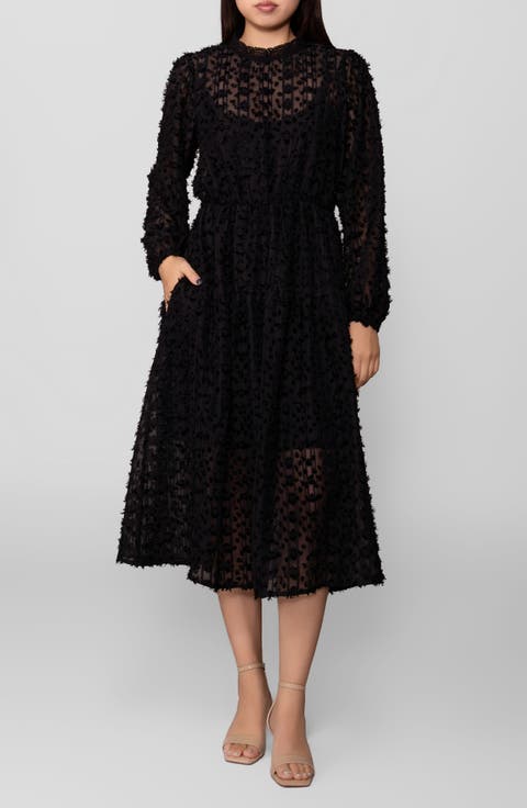 Textured Long Sleeve Midi Dress