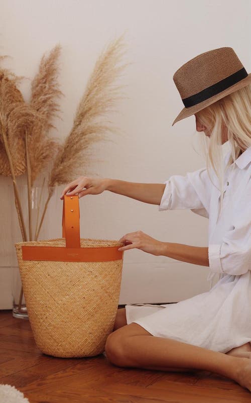 Lastelier Borneo Leather And Straw Bag In Orange