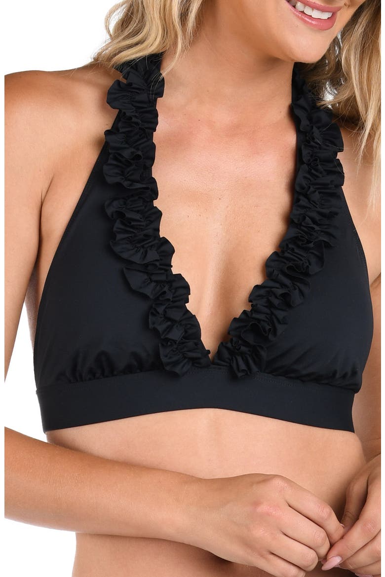 Island Goddess Ruffle Halter Bikini Top, Main, color, BLACK