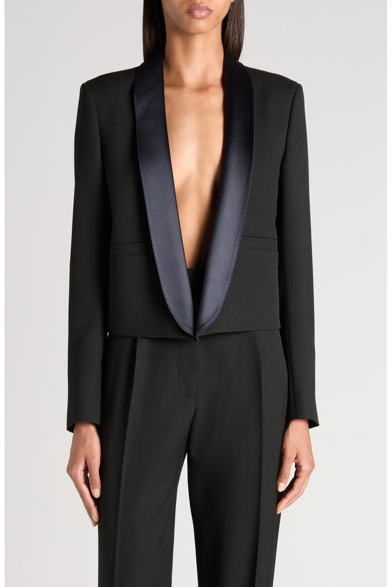 Wool Grain de Poudre Crop Tuxedo Jacket, Main, color, BLACK/ DEEP BLUE NAVY