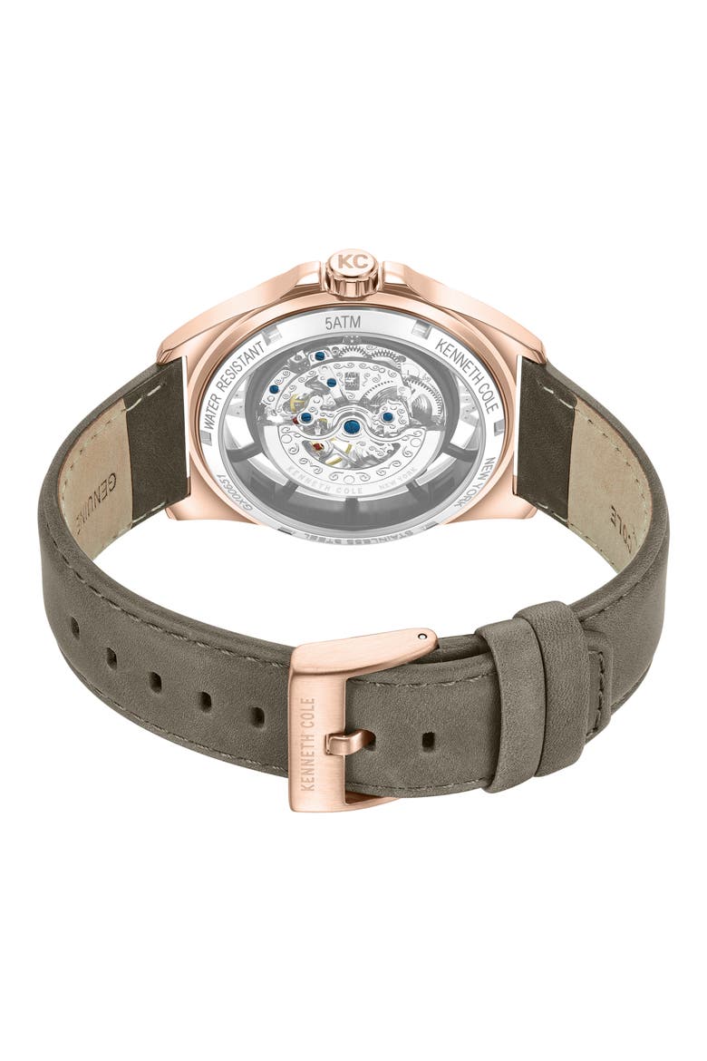 Skeleton Automatic Khaki Leather Strap Watch, 44mm, Alternate, color, KHAKI