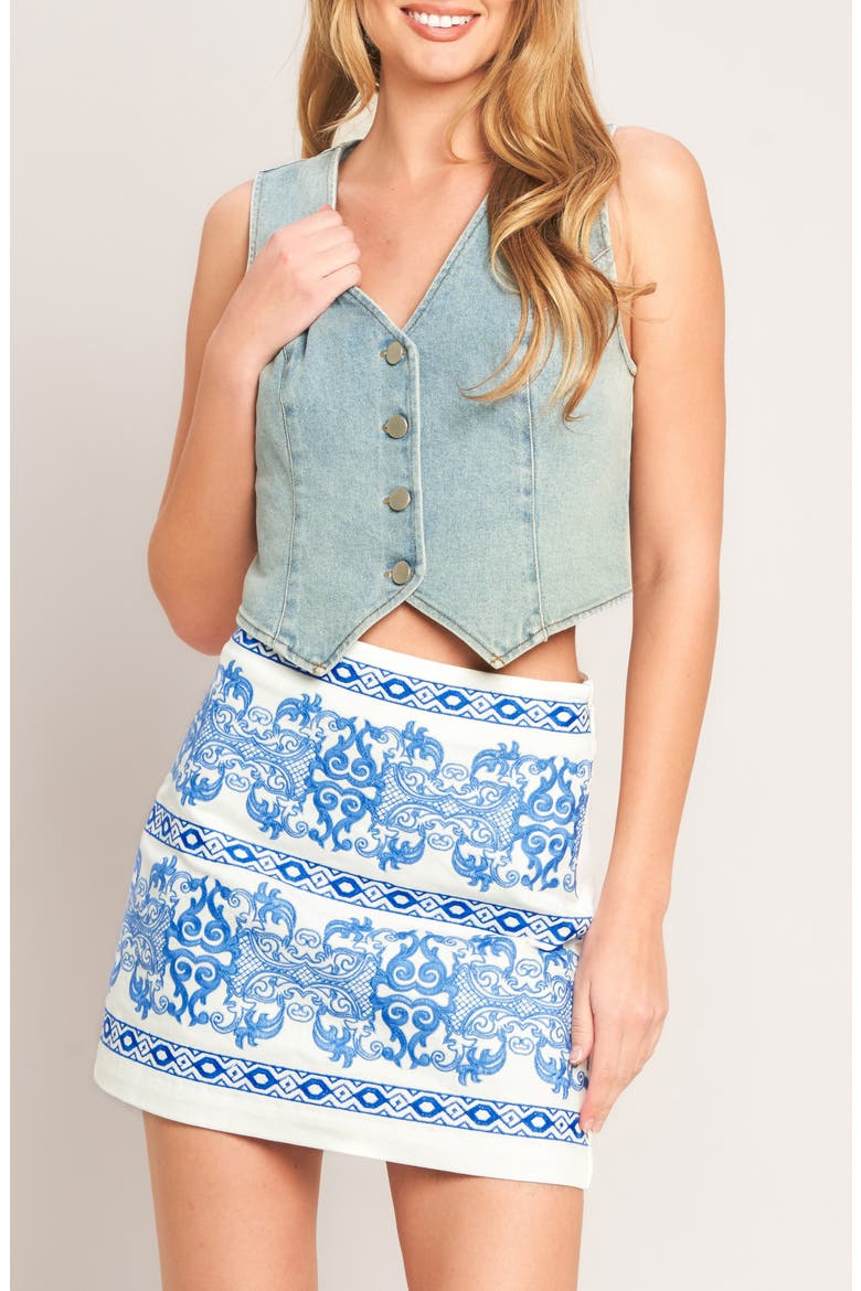 Embroidered Stretch Cotton Twill Miniskirt, Alternate, color, WHITE BLUE
