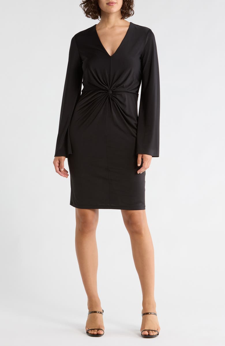 DKNY Knotted Front Long Sleeve Dress, Main, color, Black