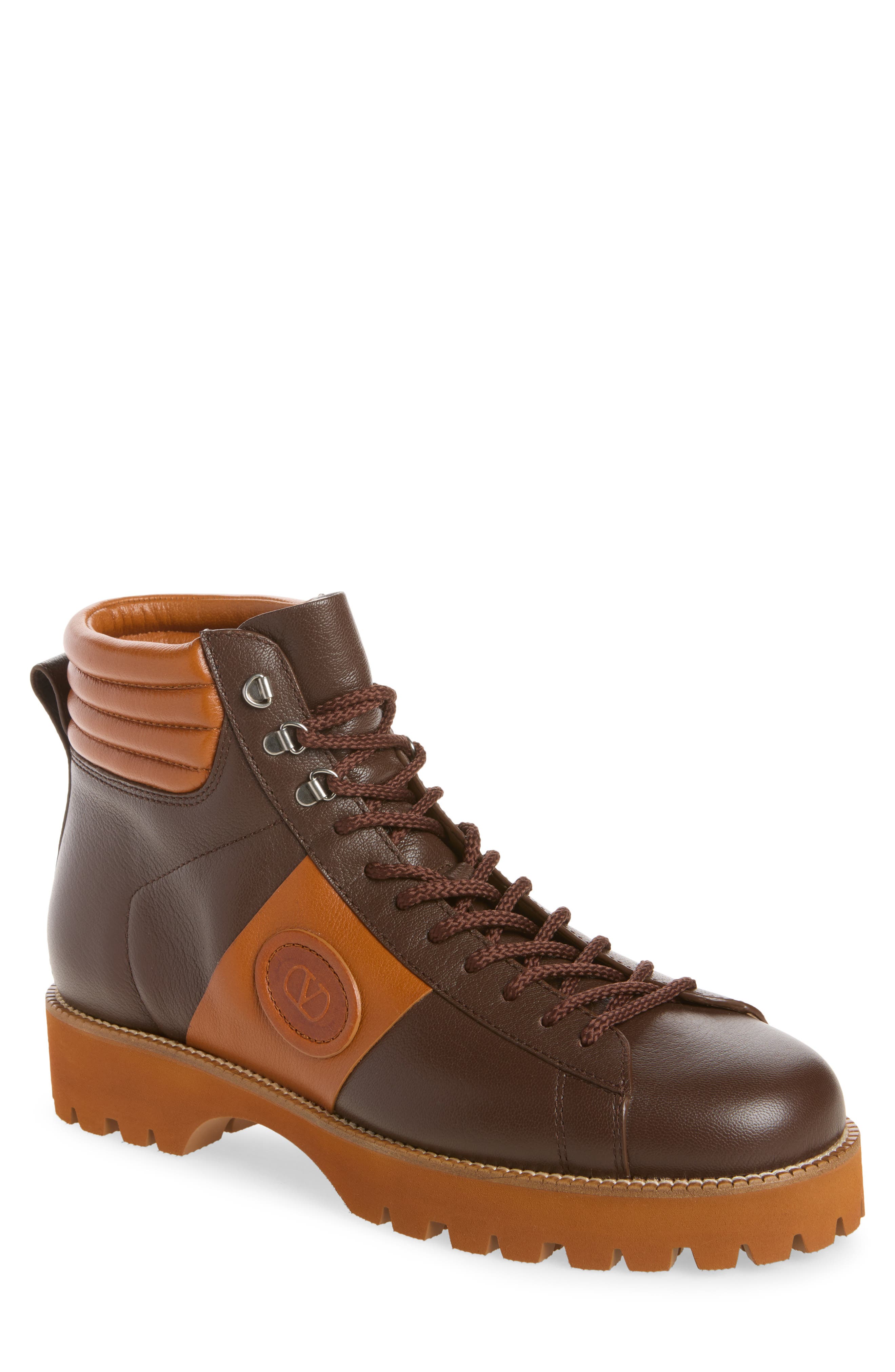 V-Logo Leather Combat Boot, Main, color, COMBAT BROWN