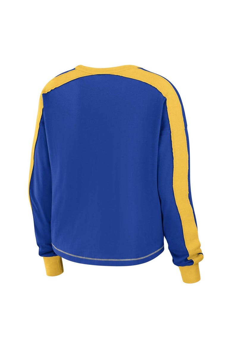 Women's WEAR by Erin Andrews Royal/Gold Los Angeles Rams Color Block Modest Crop Long Sleeve T-Shirt, Alternate, color, Royal