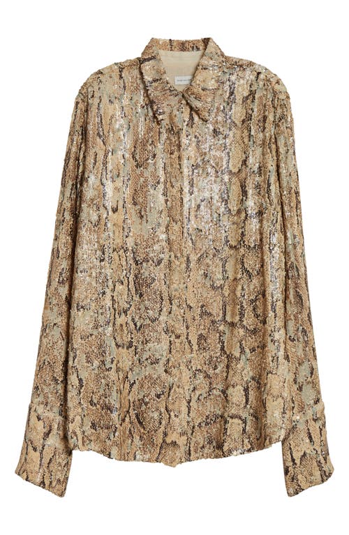 Shop Dries Van Noten Celina Snakeskin Print Sequin Shirt In Beige