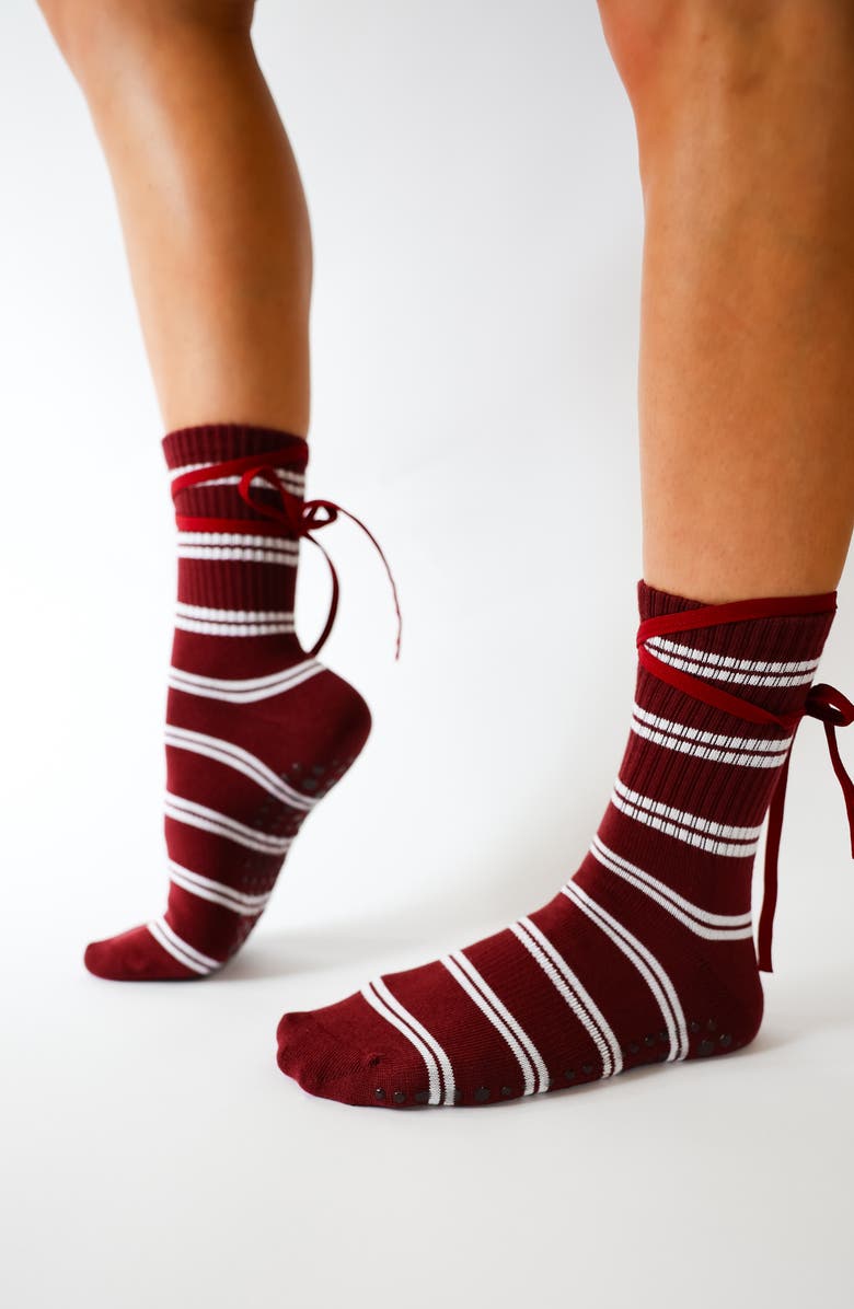 Pilates University 1883 Assorted 2-Pack Sporty Ballerina Nonslip Grip Crew Socks, Alternate, color, Hunter Green/ Burgundy