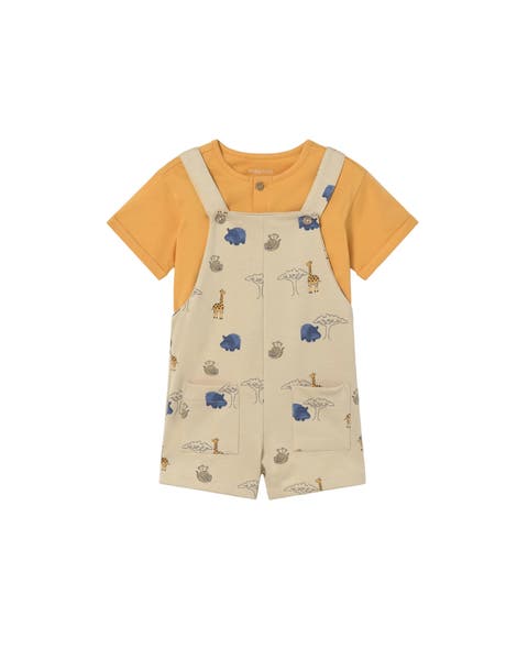 Graphic Tee and Printed Dungarees Set