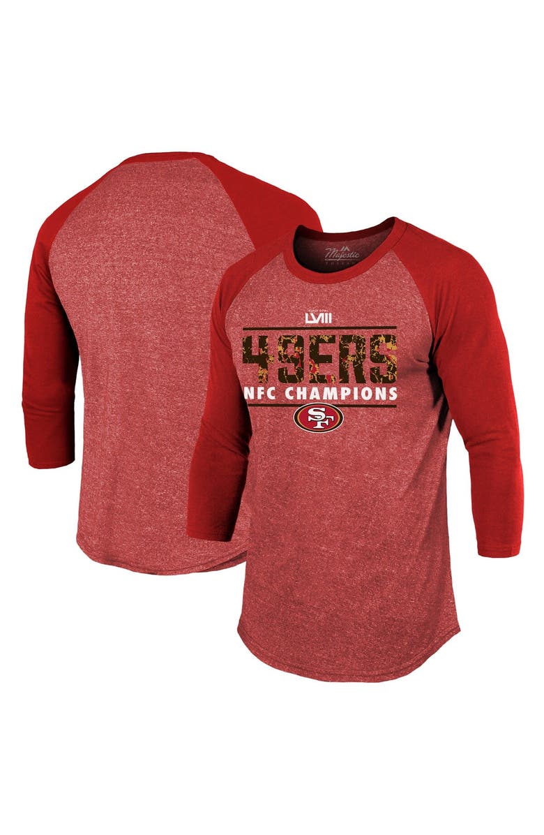Majestic Threads Men's Majestic Threads Scarlet San Francisco 49ers 2023 NFC Champions Tri-Blend Raglan 3/4-Sleeve T-Shirt, Main, color, 
