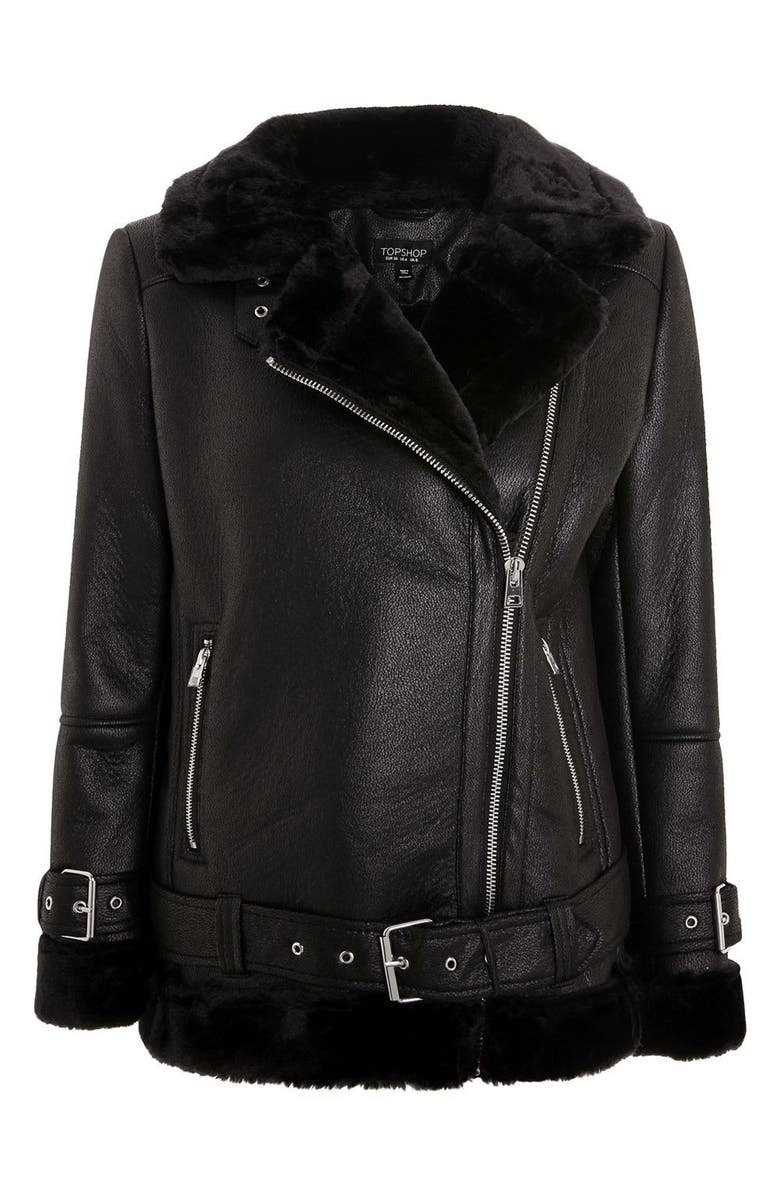 Topshop Faux Shearling Biker Jacket, Alternate, color, 