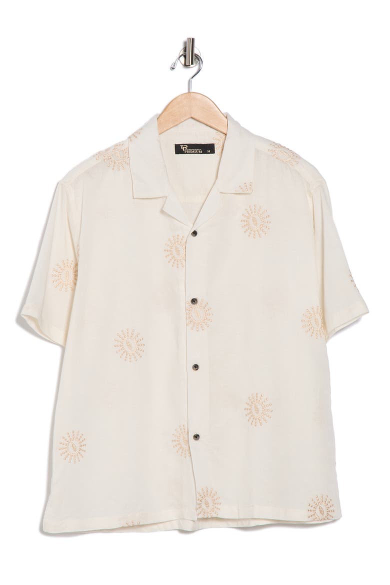 Boxy Fit Sun Embroidered Camp Shirt, Alternate, color, OFF WHITE