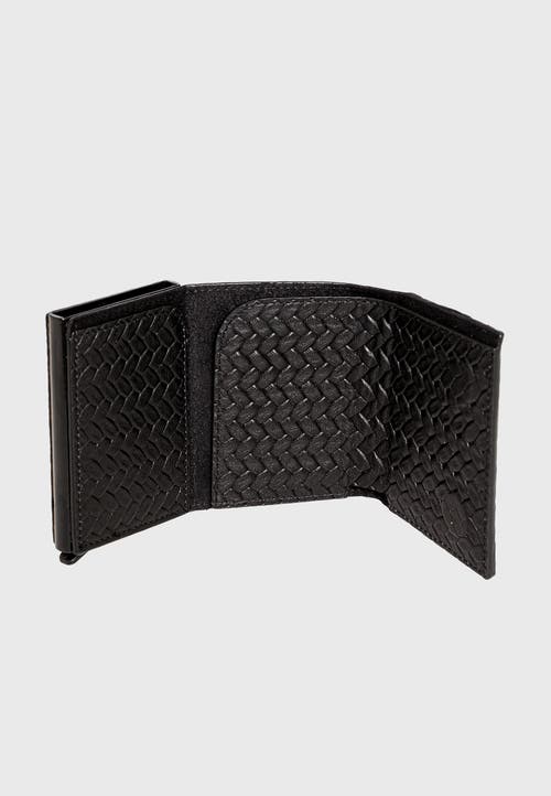 Furniq Uk Genuine Leather Weave Pattern Trifold Card Holder In Black