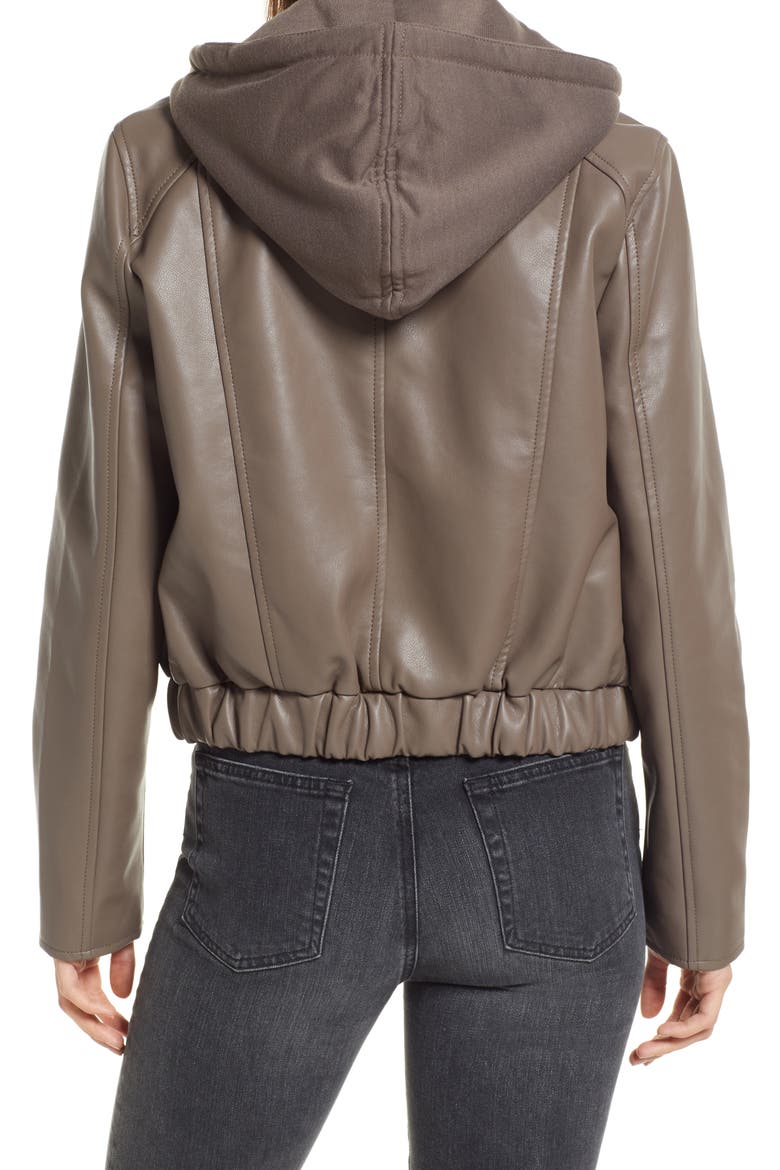 Faux Leather Bomber Jacket with Removable Hood, Alternate, color, WEEKEND RETREAT
